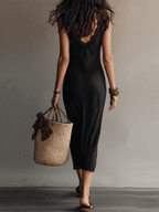 Elegant Lace Trim Resort Midnight Black Midi Dress