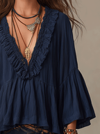 Effortless Deep Blue Ruffle Boho Blouse