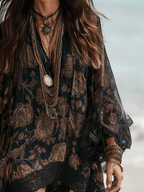 Bohemian Sheer Floral Lace Kaftan Mini Dress