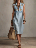 Chic Boho Striped Embroidered Sleeveless Midi Dress