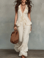 Effortless Boho Ivory Ruffle Tie-Front Top