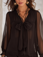 Mysterious Boho Black Chiffon Blouse With Bow