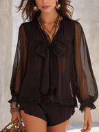 Mysterious Boho Black Chiffon Blouse With Bow