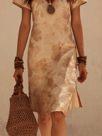 Elegant Floral Jacquard Mandarin Collar Slim Fit Side-Slit Midi Dress