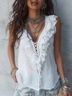 Boho Ruffle Lace-Up V-Neck Sleeveless Relaxed Fit White Blouse