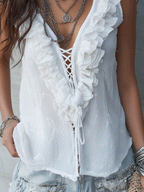 Boho Ruffle Lace-Up V-Neck Sleeveless Relaxed Fit White Blouse