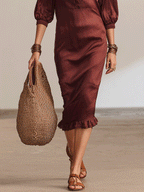 Elegant Lace Trim Resort Burgundy Satin Midi Dress