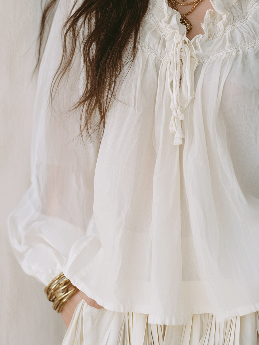 Bohemian Ruffle Trim Resort Ivory White Blouse