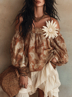 Bohemian Floral Print Resort Sand Beige Off-Shoulder Blouse