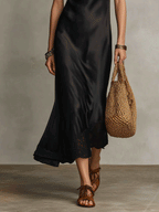 Elegant Satin Lace-Trimmed Evening Black Midi Dress