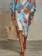 Bohemian Colorblock Sheer Satin Draped Midi Dress