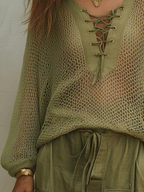 Bohemian Open-Knit Resort Olive Green Top