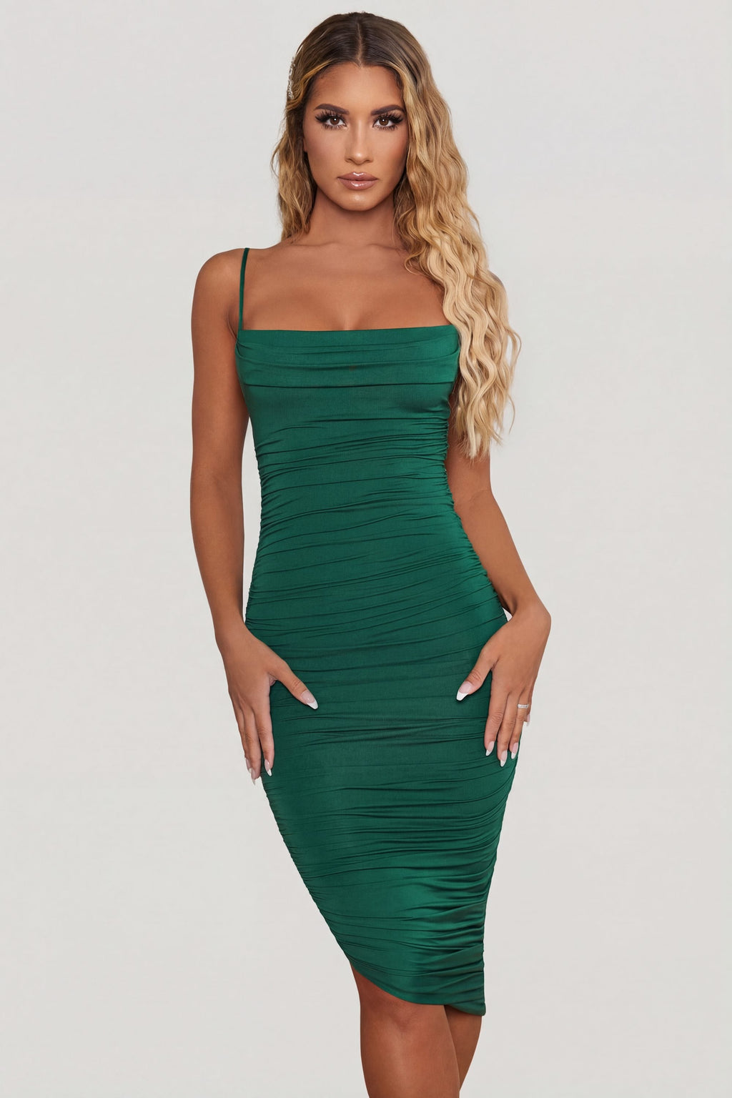 Amelia Ruched Cowl Midi Dress – Emerald Glow
