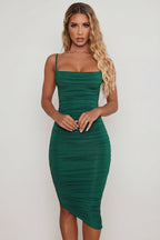 Amelia Ruched Cowl Midi Dress – Emerald Glow