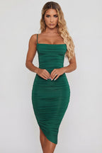Amelia Ruched Cowl Midi Dress – Emerald Glow