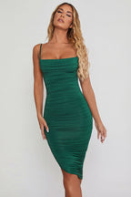 Amelia Ruched Cowl Midi Dress – Emerald Glow