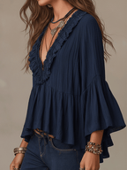 Effortless Deep Blue Ruffle Boho Blouse