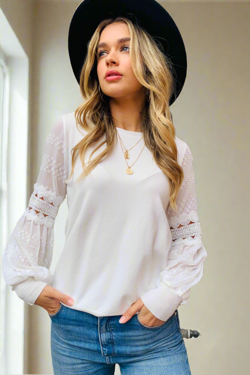 Molli Knit Top Detailed Sleeve in Off White