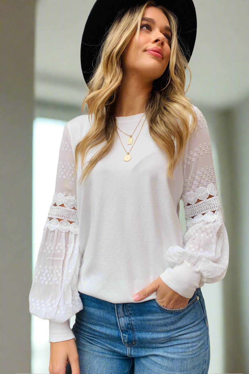 Molli Knit Top Detailed Sleeve in Off White