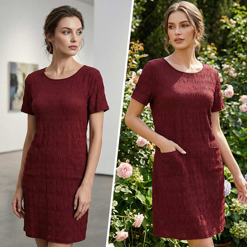 Women's Round Neck Textured Knee-Length Dress 👗