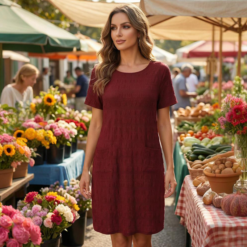 Women's Round Neck Textured Knee-Length Dress 👗