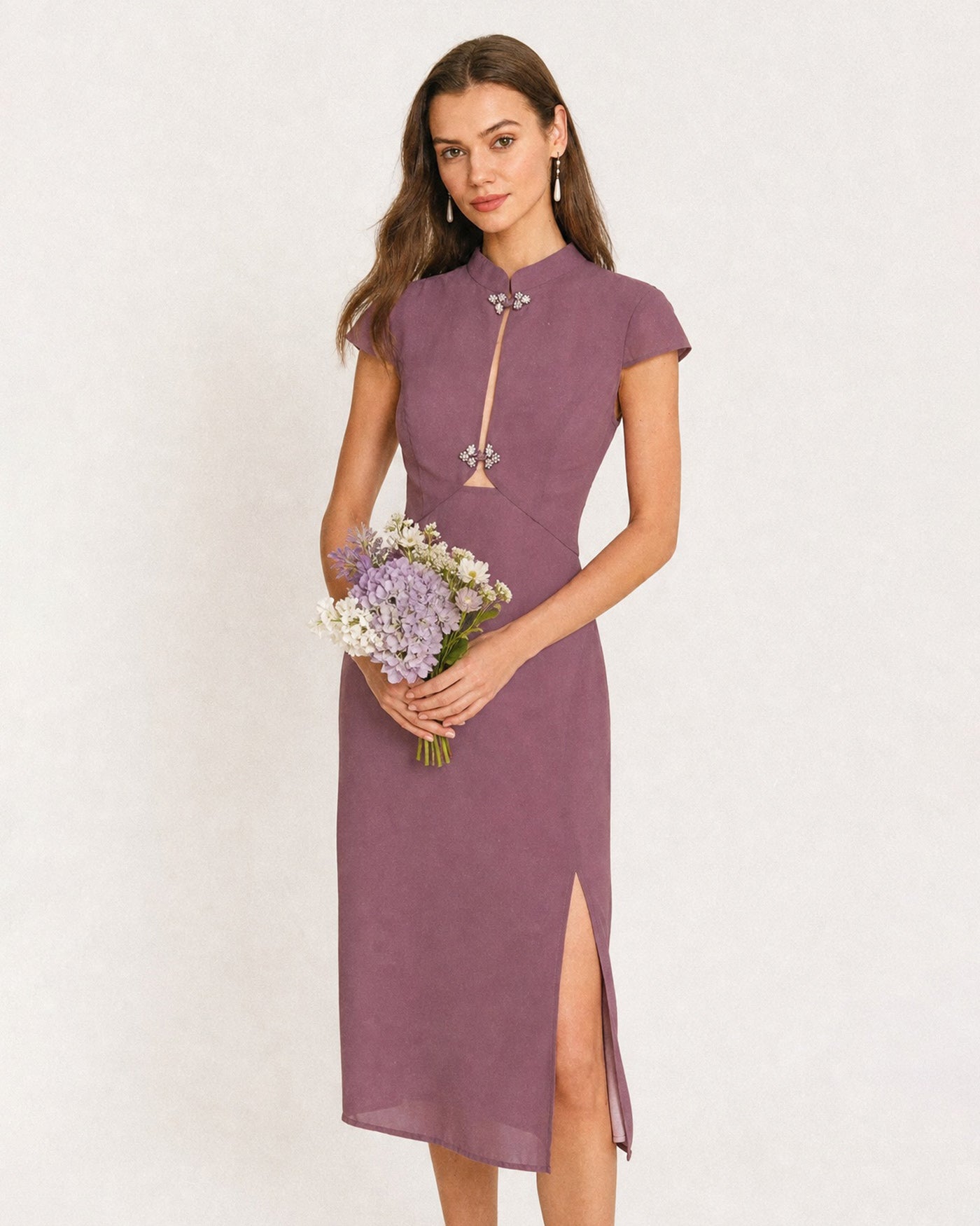 Purple Mandarin Collar Chiffon Midi Dress