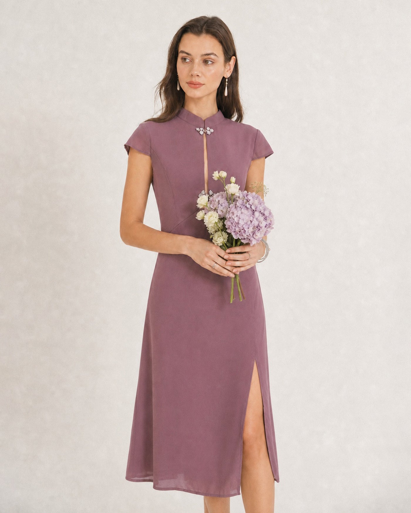 Purple Mandarin Collar Chiffon Midi Dress