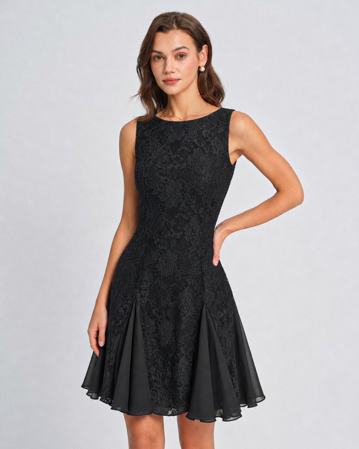 Black Boat Neck Backless Lace Mini Dress