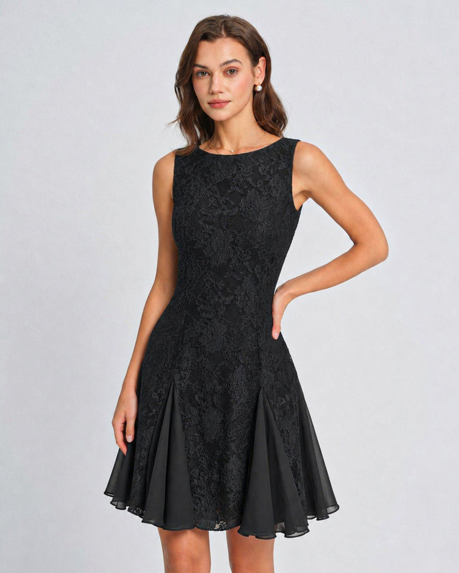 Black Boat Neck Backless Lace Mini Dress