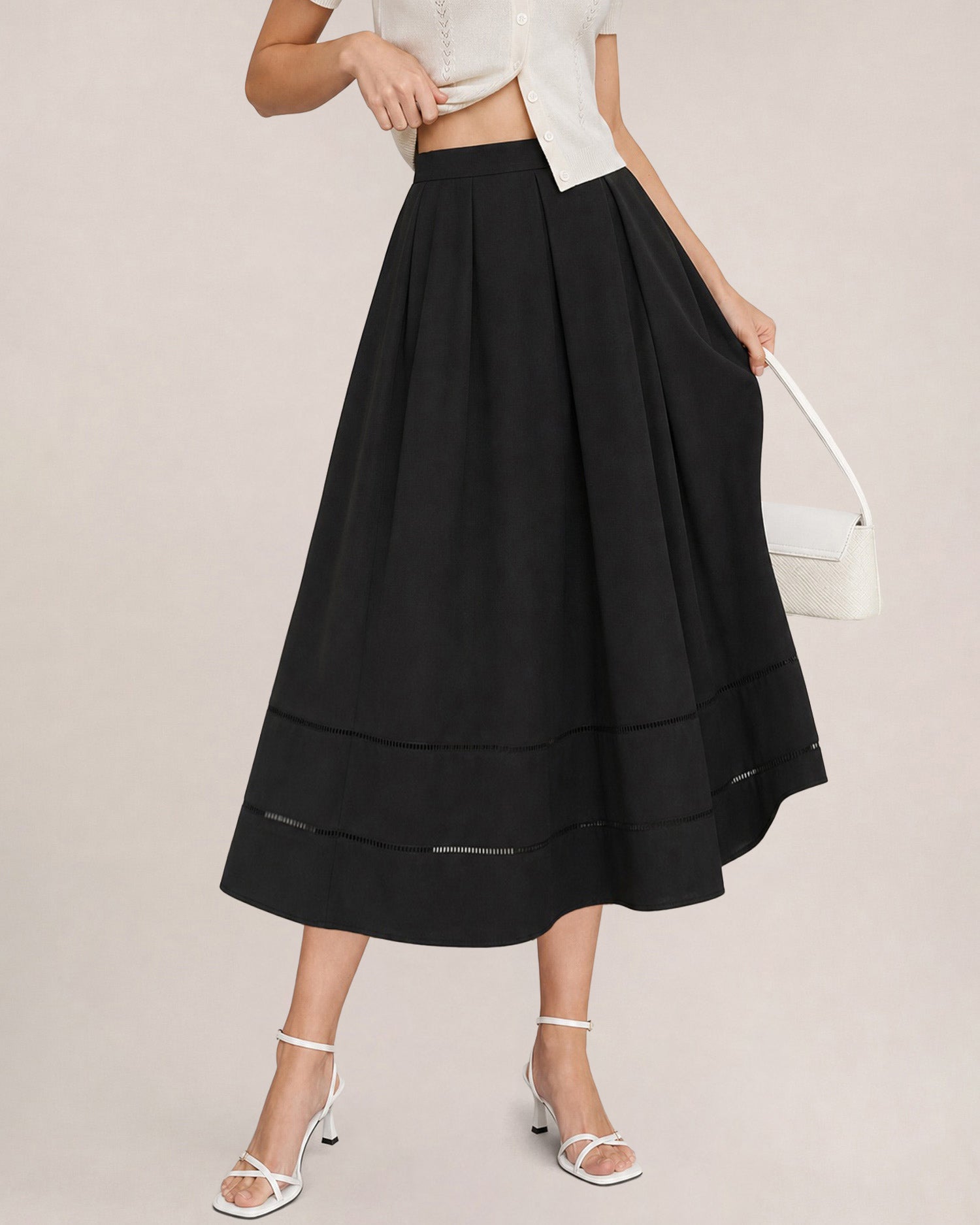 Black Solid Pockets A-Line Midi Skirt